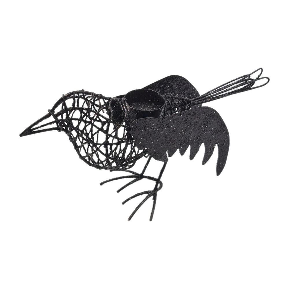 Halloween Decoration Glittery Black Wire Raven Votive Candle Holder 12x6"
